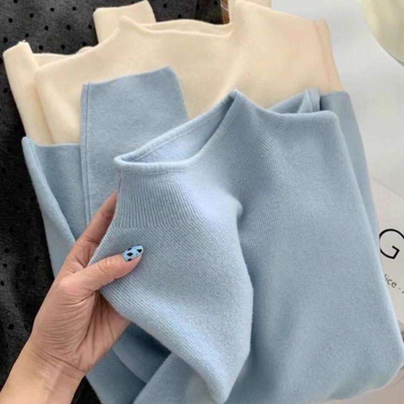Women's Korean Style Soft Knit Semi-High Neck Slim Fit Pullover for Autumn and Winter