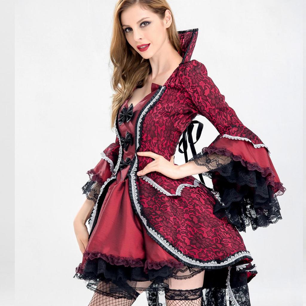 Damen Gothic Hexenkleid Vampirkönigin Cosplay Fairy Tail Kleider Langarm Gothic Kostüm Kleid Bühnenkleidung Halloween Karneval Luxus