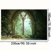 2D flach, 1 Stück verzauberter Wald-Fensterstoff-Hintergrund: gotisches Bogenfenster mit Efeu und Vegetation, realistischer Lichteffekt und Schatten,