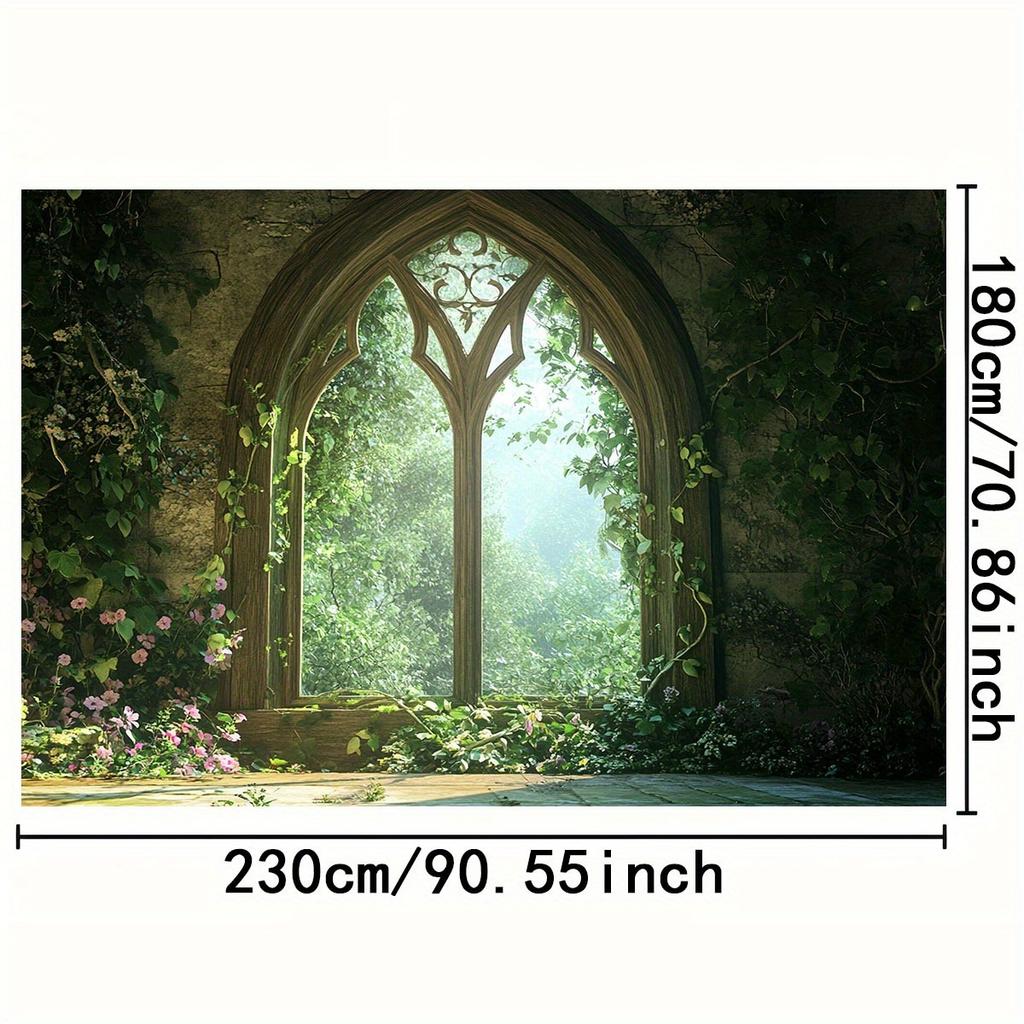 2D flach, 1 Stück verzauberter Wald-Fensterstoff-Hintergrund: gotisches Bogenfenster mit Efeu und Vegetation, realistischer Lichteffekt und Schatten,