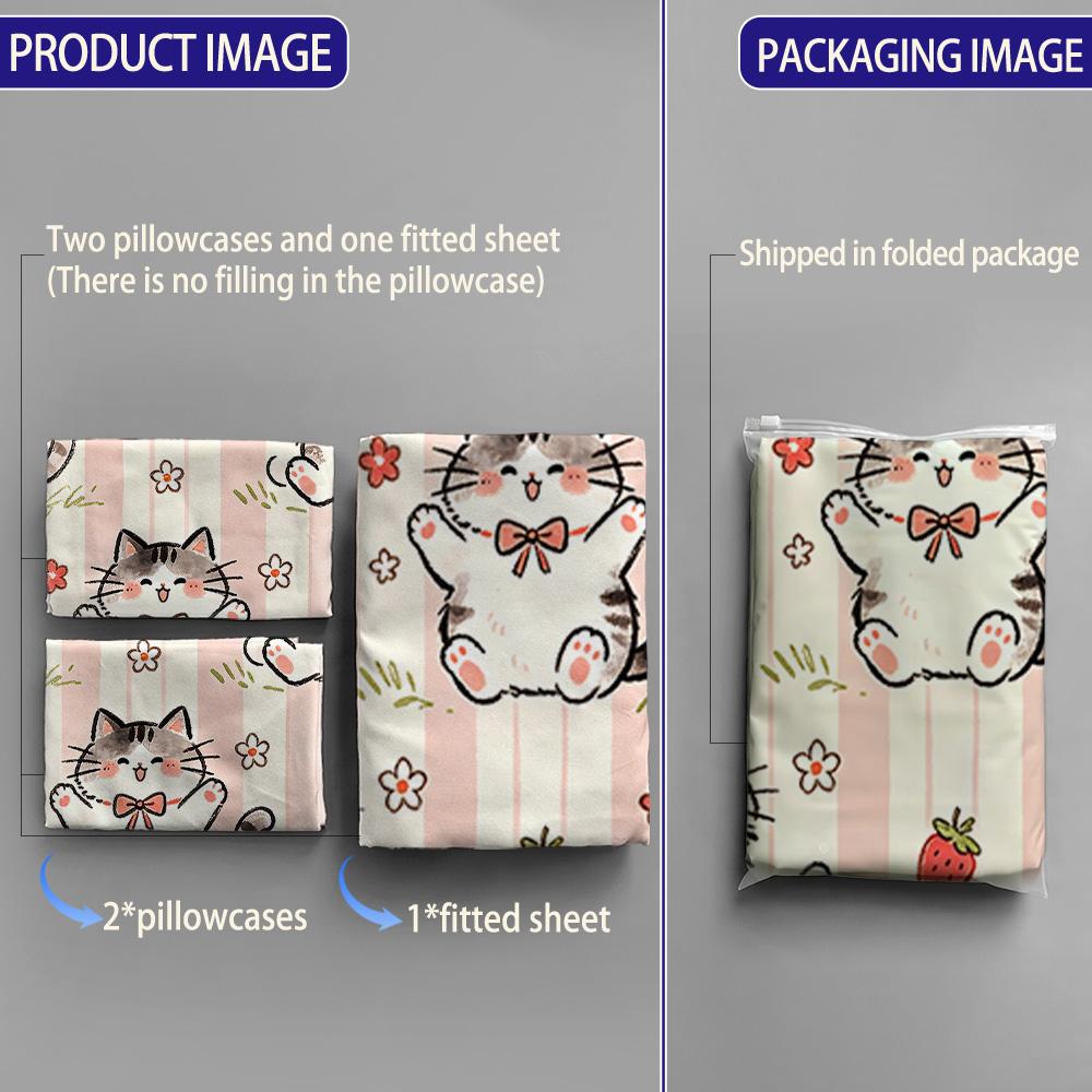 3pcs Cartoon Bear Kitten Printed Chipless Bed Sheet Set Multiple Sizes Soft Bed Cover Bedroom Bedding Decoration, Gift Bedding