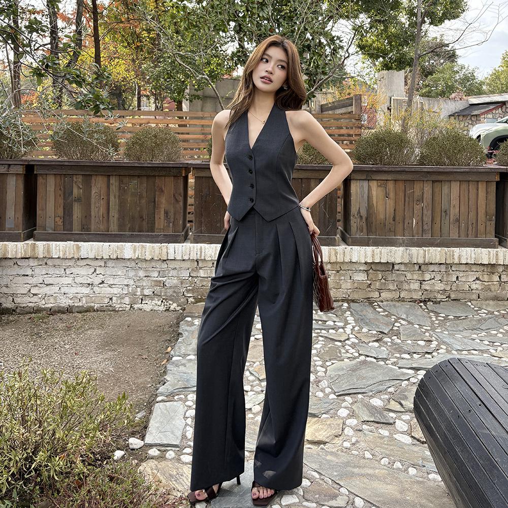 

Spring/Summer Halter Neck Backless Top & Wide-Leg Pants Set for Women. L