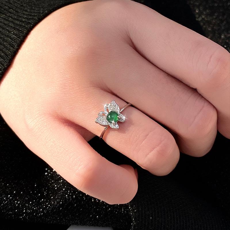Natural jadeite s925 sterling silver butterfly ring silver inlaid egg surface versatile fashion adjustable ring accessories women's daily jewelry gift