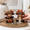 Country Home Ornament 2PCS Highland Cow Ornament, Wooden Rustic Style Figurine, Thanksgiving Base Theme Wood Art, for Entrance Living Room Decor Fine