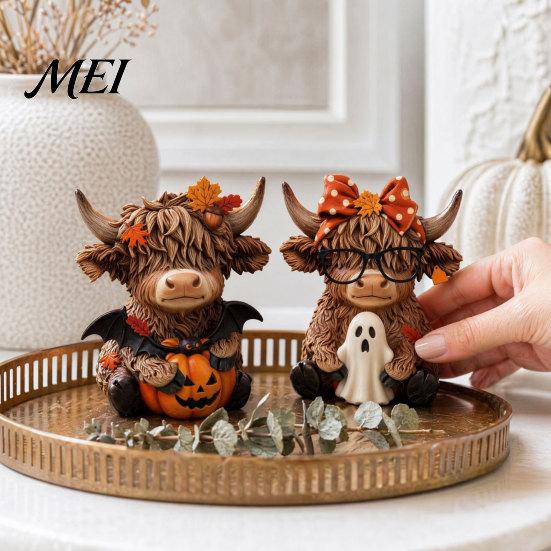 Country Home Ornament 2PCS Highland Cow Ornament, Wooden Rustic Style Figurine, Thanksgiving Base Theme Wood Art, for Entrance Living Room Decor Fine