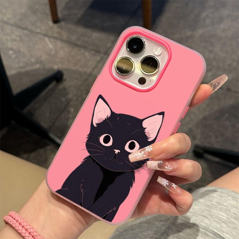 Black kitten applies to Apple 16/17promax mobile phone case iPhone15 skin matte 14 jelly Air case