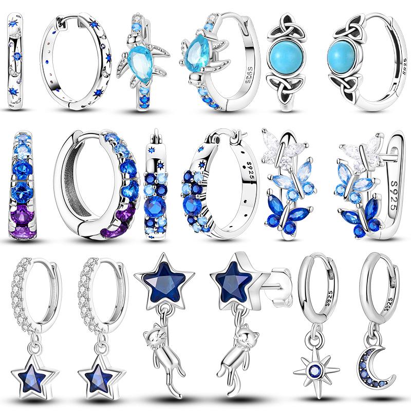 Blue Earrings 925 Silver Sun Moon Starlight Butterfly Stud Hoop Earring With Zircon for Women Female Party Fine Jewelry