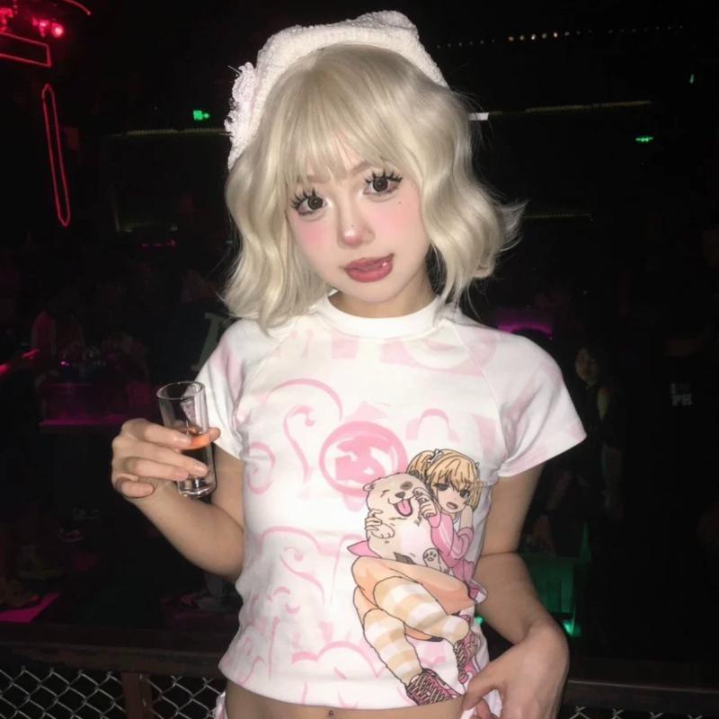 

2KWEIRD Y2k Харадзюку Уличная одежда Футболки Женские Японская Мода Каваи Милые Мультяшный Принт Приталенные Сексуальные Футболки Топы Мягкий Летний XL белый