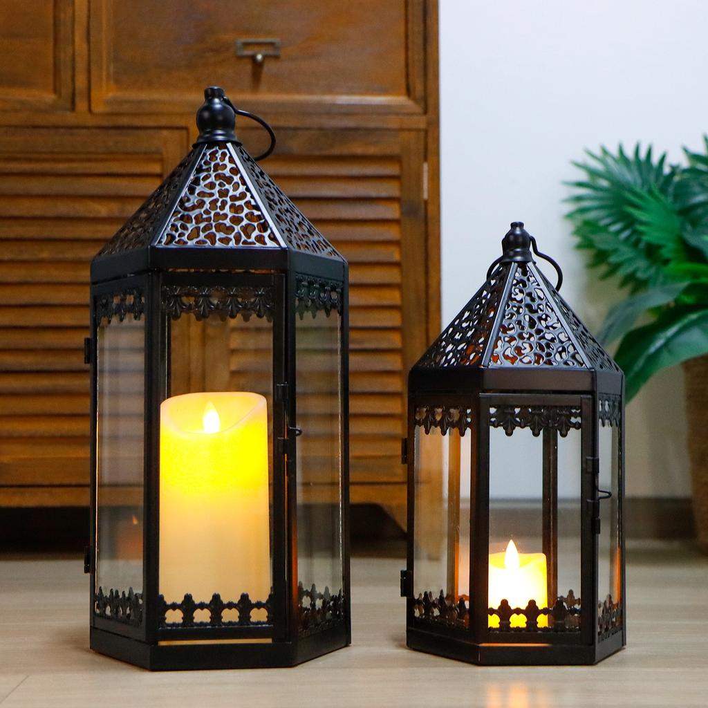 Set of Two Vintage Black Hanging Moroccan Candle Lantern Metal Candle Holder for Home Wedding Decor