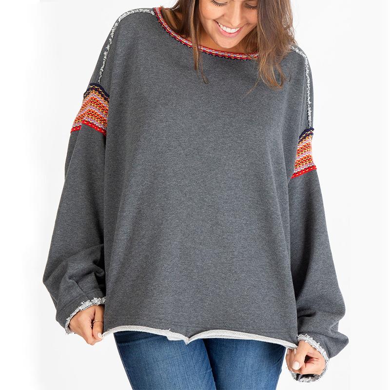 Damen-Sweatshirt, locker, lässig, Rundhalsausschnitt, Bandnaht, roher Kanten-Design-Pullover