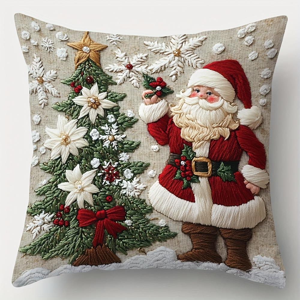 Christmas Pillowcase, Cute Cartoon Imitation Embroidery Linen Print Sofa Pillow Cover, Festival Decoration, Festival Gift (Pillow Insert Not Included)