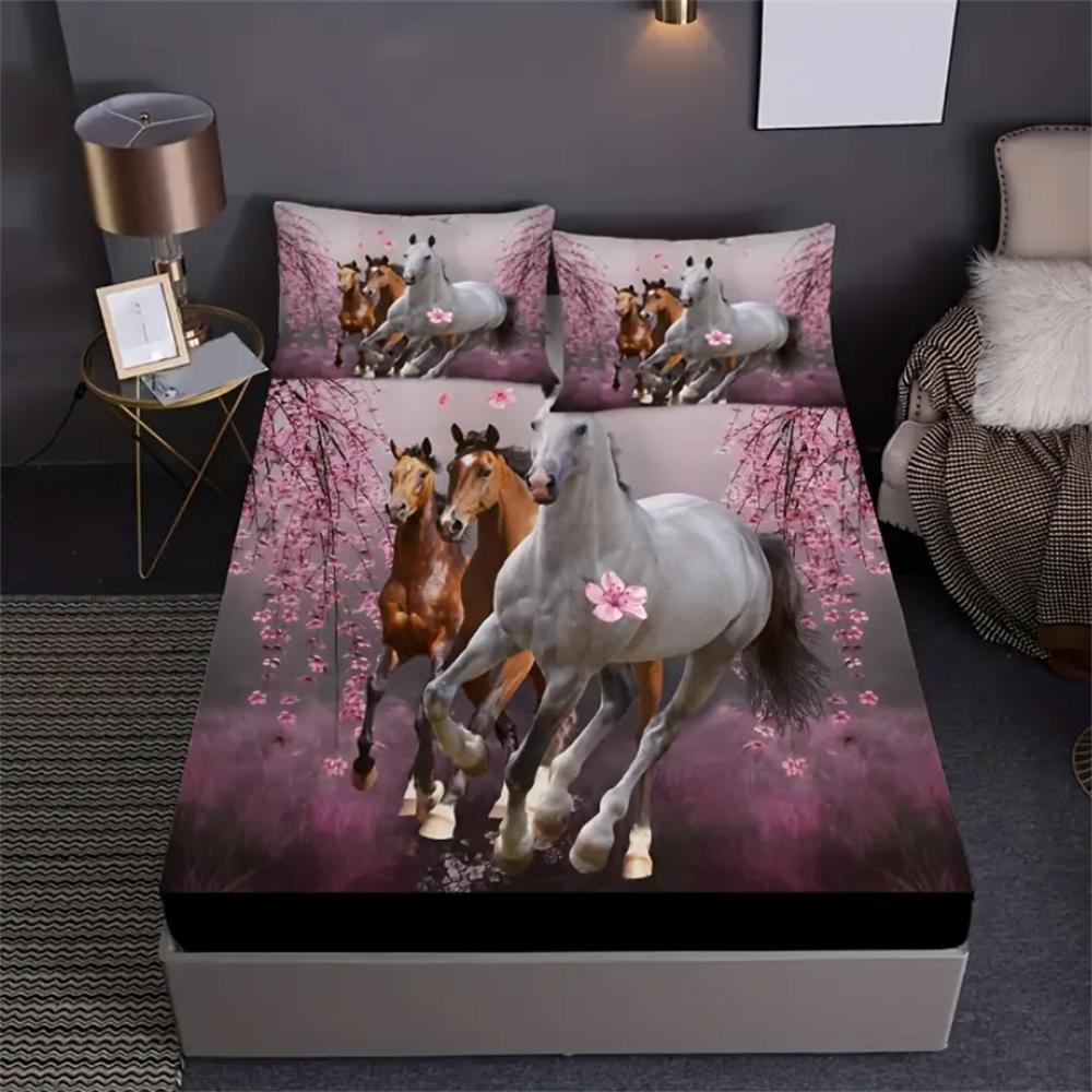 2/3pcs Vibrant Horse Natural Animal Sand Print Fitted Sheet Set - Soft 100% Polyester Material, Breathable, Hypoallergenic