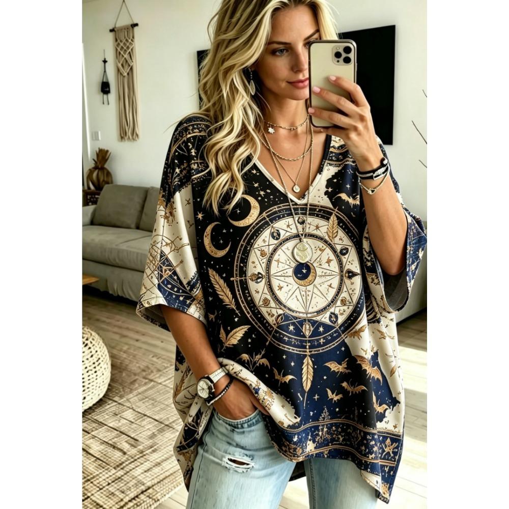 Women's Oversized Loose V-neck T-shirt Top, Bata Shirt with Seven Quarter Sleeves Loose Shirt, Bohemian Style Casual T-shirt