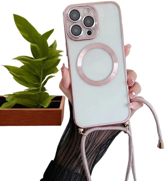 Electroplated transparent magnetic Magsafe wireless charging case suitable for iPhone 16 15 14 12 13 Pro Max  neckla case
