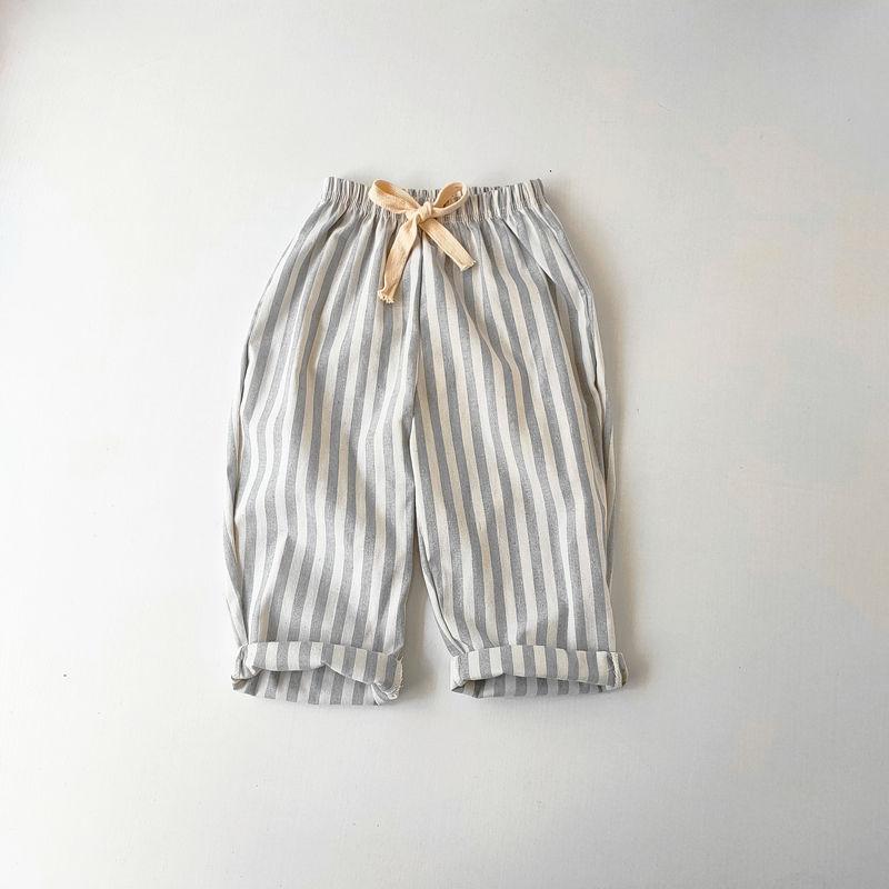 Children's Cotton and Linen Striped Cropped Pants Summer Girls' Loose Striped Pants Casual Lace Up