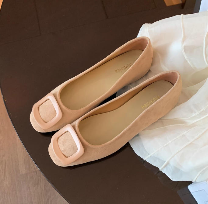 Sheepskin Version~ Gentle Wind Leather Square Head Shallow Mouth Single Shoes Women's New Versatile and Not Tired Foot Square Buckle Commuter Flats