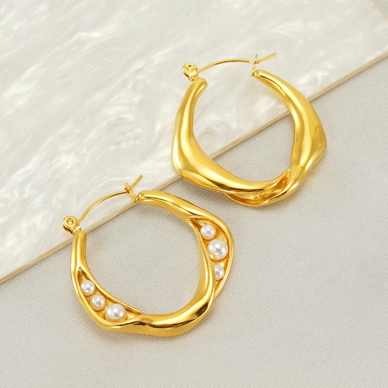 New 18k stainless steel gold earrings light luxury pearl temperament trendy round buckle earrings