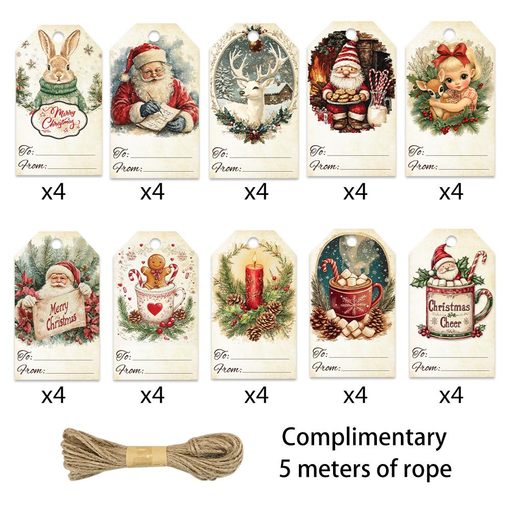 40pcs, Christmas tags, gift labels, party decorations, DIY, packaging embellishments, greeting cards, party cards, jute twine