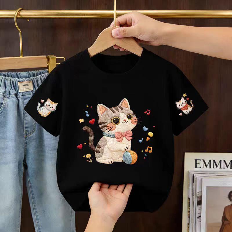2026 Summer Children's Short-Sleeved Cute Cartoon Cat Print Baby Soft Cotton Multi-Purpose Loose-Fitting Breathable T-Shirt