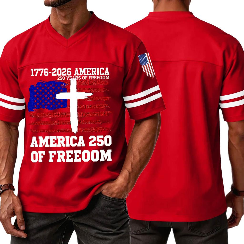 Men's V Neck Short Sleeve Sports T Shirt Casual Athletic Jersey with Independence Day Patriotic Print America 250 Freedom Graphic Tee
