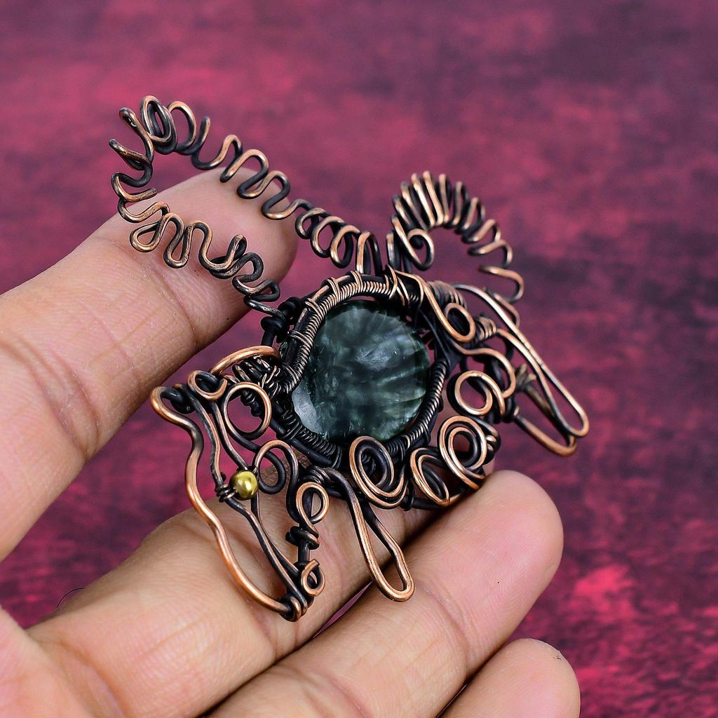 Seraphinite Pendant Gemstone Rabbit Pendant Handmade Copper Wire Wrapped Jewelry