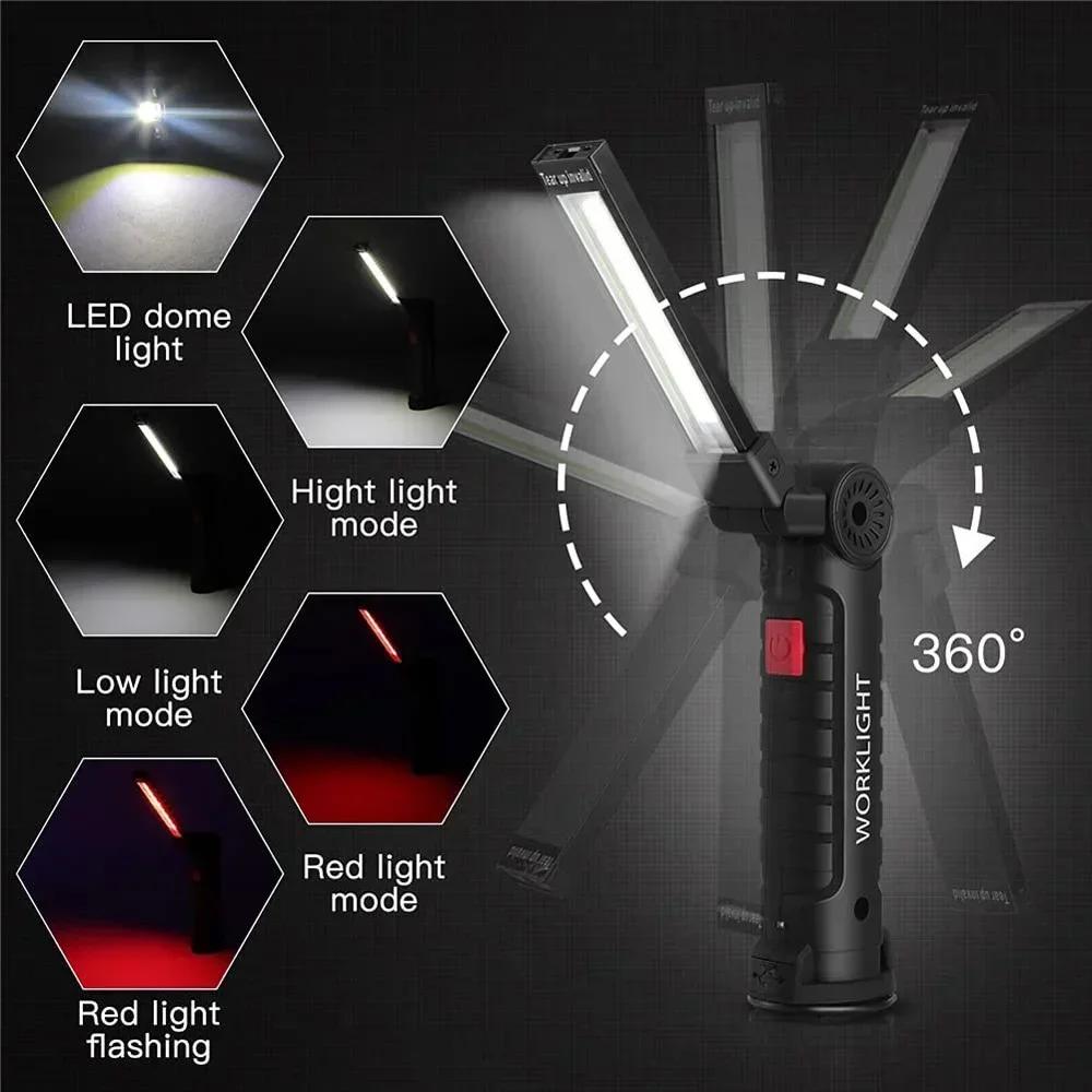 COB LED Folding Flashlight Portable Magnetic Work Light Lantern USB Rechargeable Waterproof Emergency Repair Camping Torch Lamp