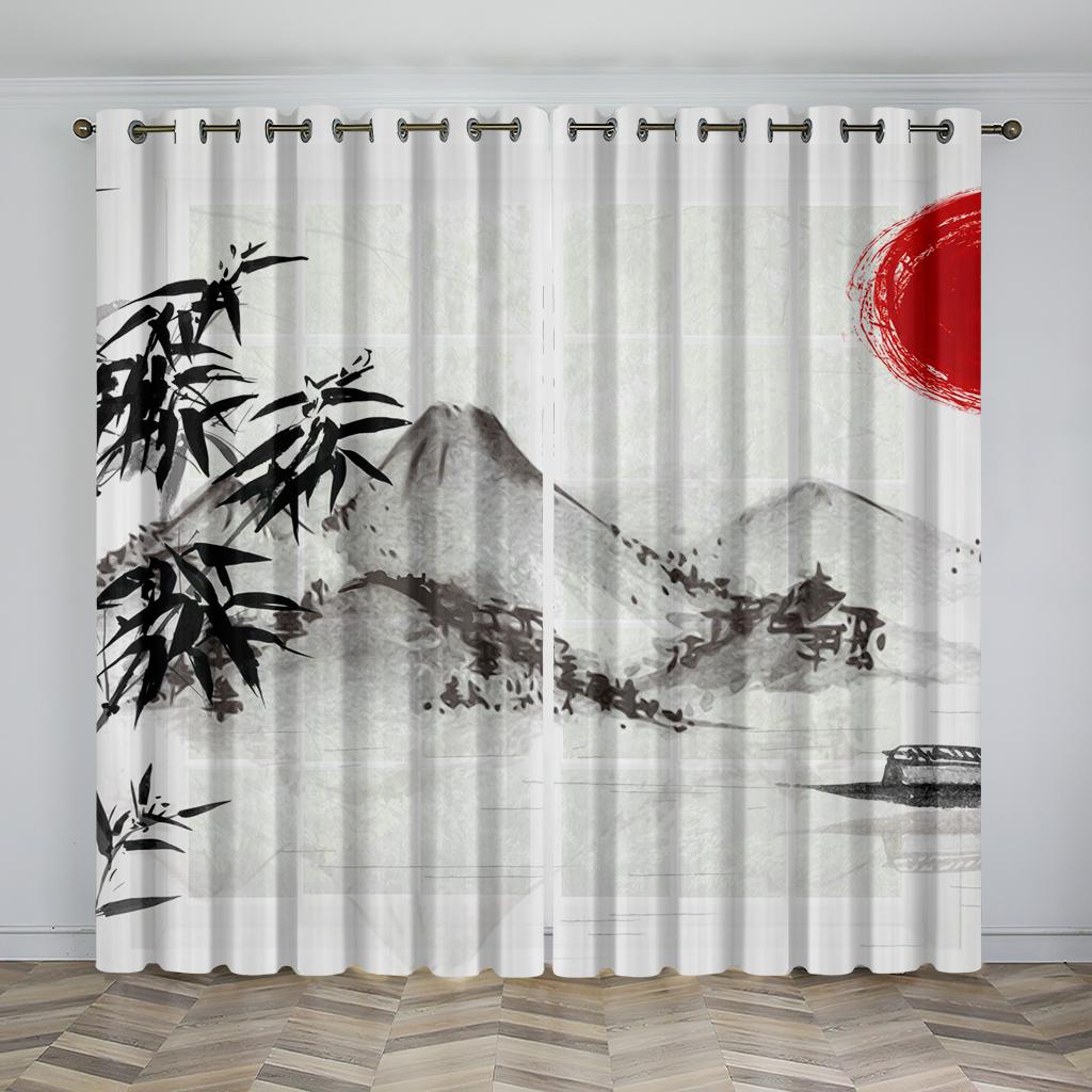 Chinese Style Natural Scenery Curtains Mountains Rivers Lakes Flowers Plants Elegant Curtains 2 Panels Living Room Bedroom Decor