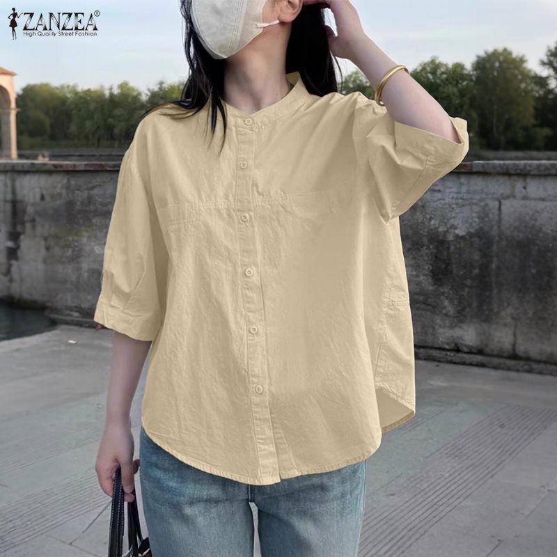 ZANZEA Women Casual Stand Collar Solid Color Half Sleeve Blouse
