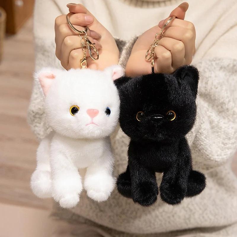 15cm Cute Simulated Sitting Cat Plush Keychain Soft Stuffed Animal White Black Kitten Pendant Doll Kids Birthday Gift
