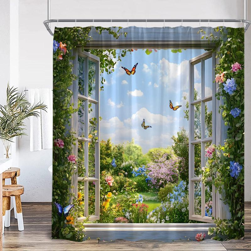 Rustic Landscape Shower Curtains Forest Lake Flowers Vintage Wooden Door Garden Scenery Fabric Home Bathroom Curtain Decor Set