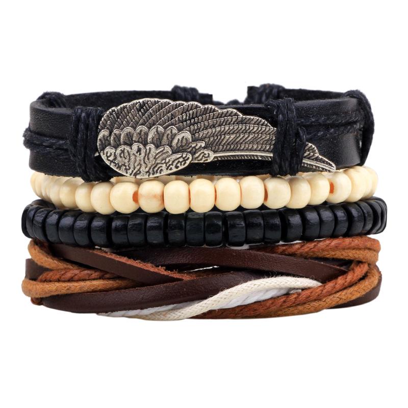 Men's Retro Multi-Strand Cowhide Anchor Bracelet Set with Wood Beads