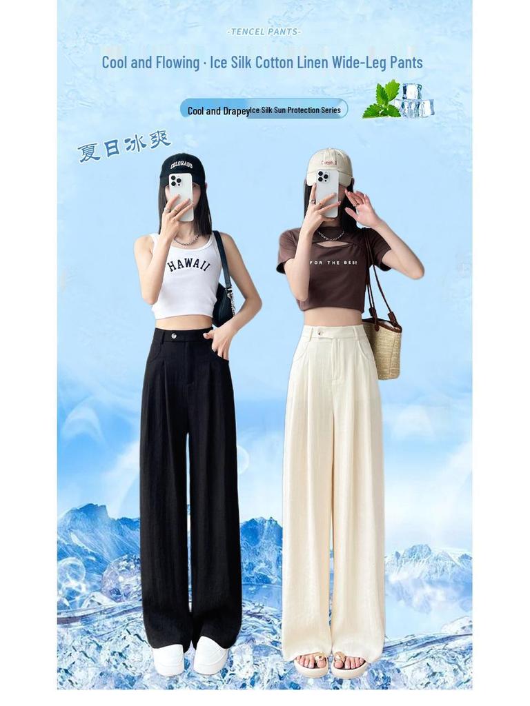 2026 Summer Women's High Waist Ice Silk Cotton Linen Wide-Leg Pants - Yamamoto Style Sun Protection