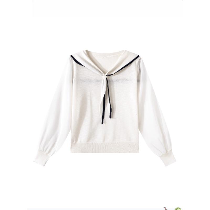 Ein Retro Color-Blocking Gestreifter Langarm-Strickpullover für Damen für den Frühherbst, Ein lockerer und vielseitiger Marine-Kragenpullover