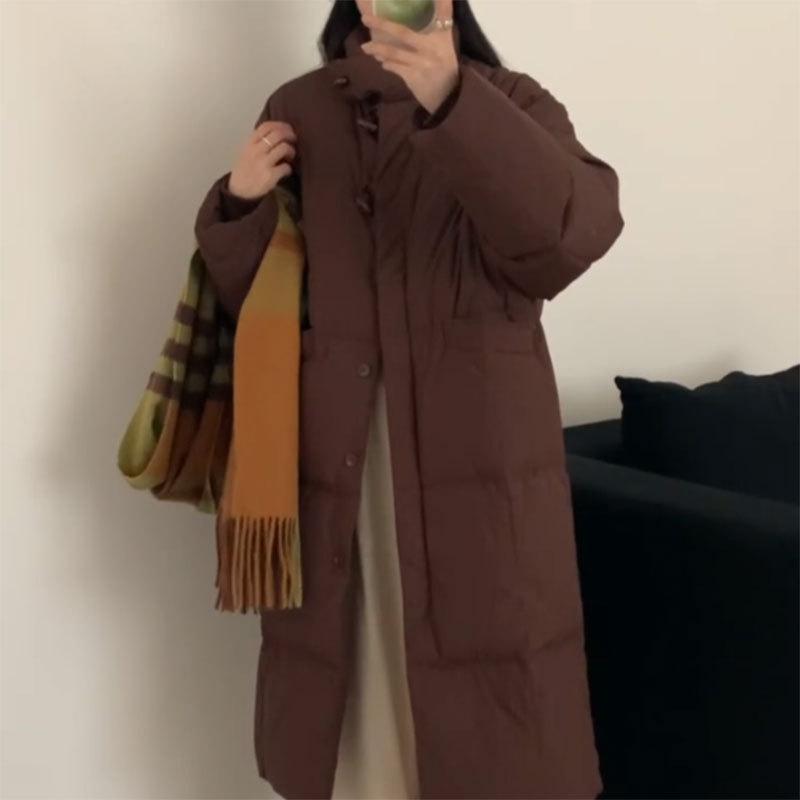 Design down jacket women's long 2024 new Korean version stand-up collar high-end horn buckle down jacket