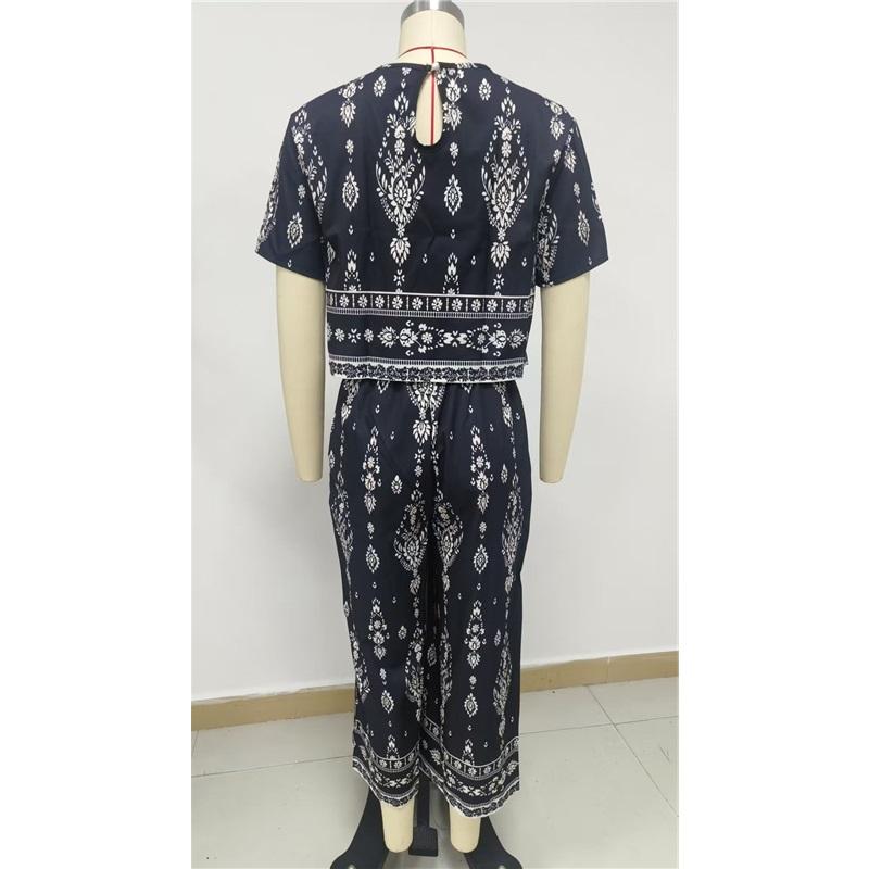 Dames Bohemian Bedrukt Tweedeel Outfit Korte Mouw Crop Top Wijde Capri Broek Vintage Etnisch Casual Loungewear Set