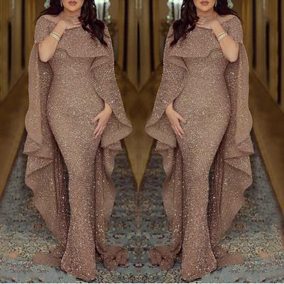 Women's Sexy Solid Color Short Sleeve Sling Sequin Long Full Dress With Cloak