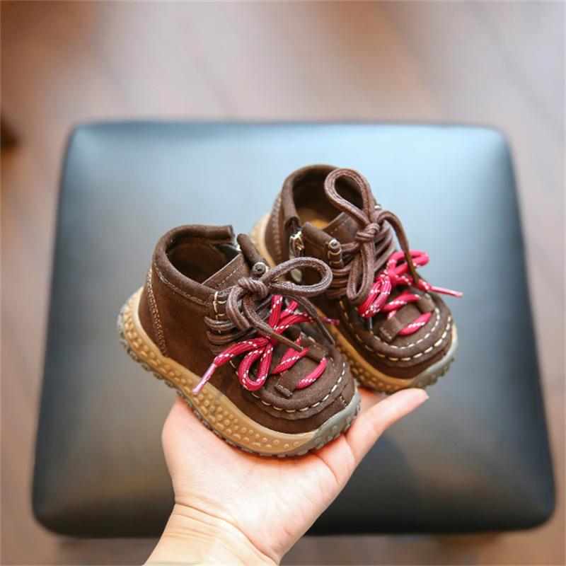 

Winter Baby Boots For Boys Leather Colorful Shoes Lace Little Kids Shoes Short Fur Warm Cotton Toddler Children Boots 26 коричневий