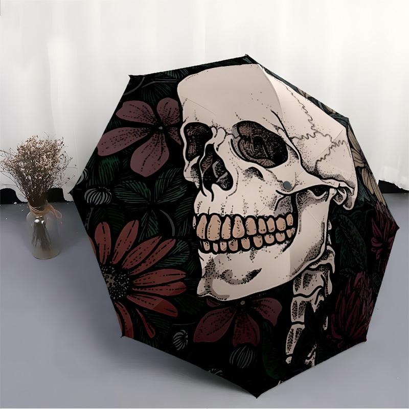 1pc Skull Flowers Fashionable Automatic Opening/Closing Folding Umbrella with 8 Bones, Windproof Portable, Daily Use326