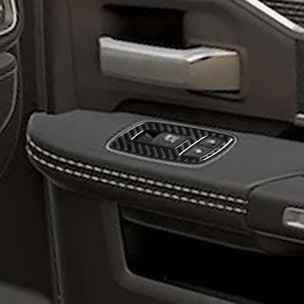 4pcs Carbon Fiber Car Window Lift Switch Cover Stickers Compatible with Dodge RAM 1500/2500/3500 2019-2023 Crew Cab, Door Glass Control Panel Trim