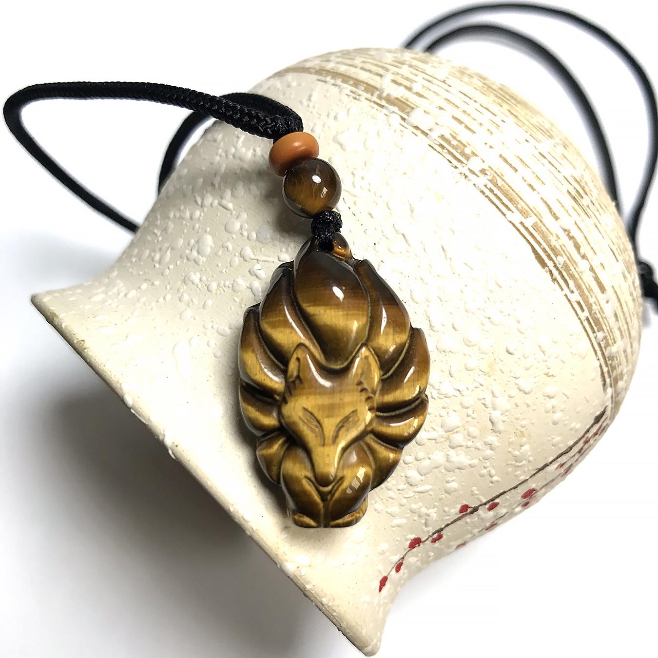 Yellow Tiger Eye Nine-Tailed Fox Pendant Necklace with Pixiu, Cicada, Buddha, and Guanyin Designs девятихвостой лисы