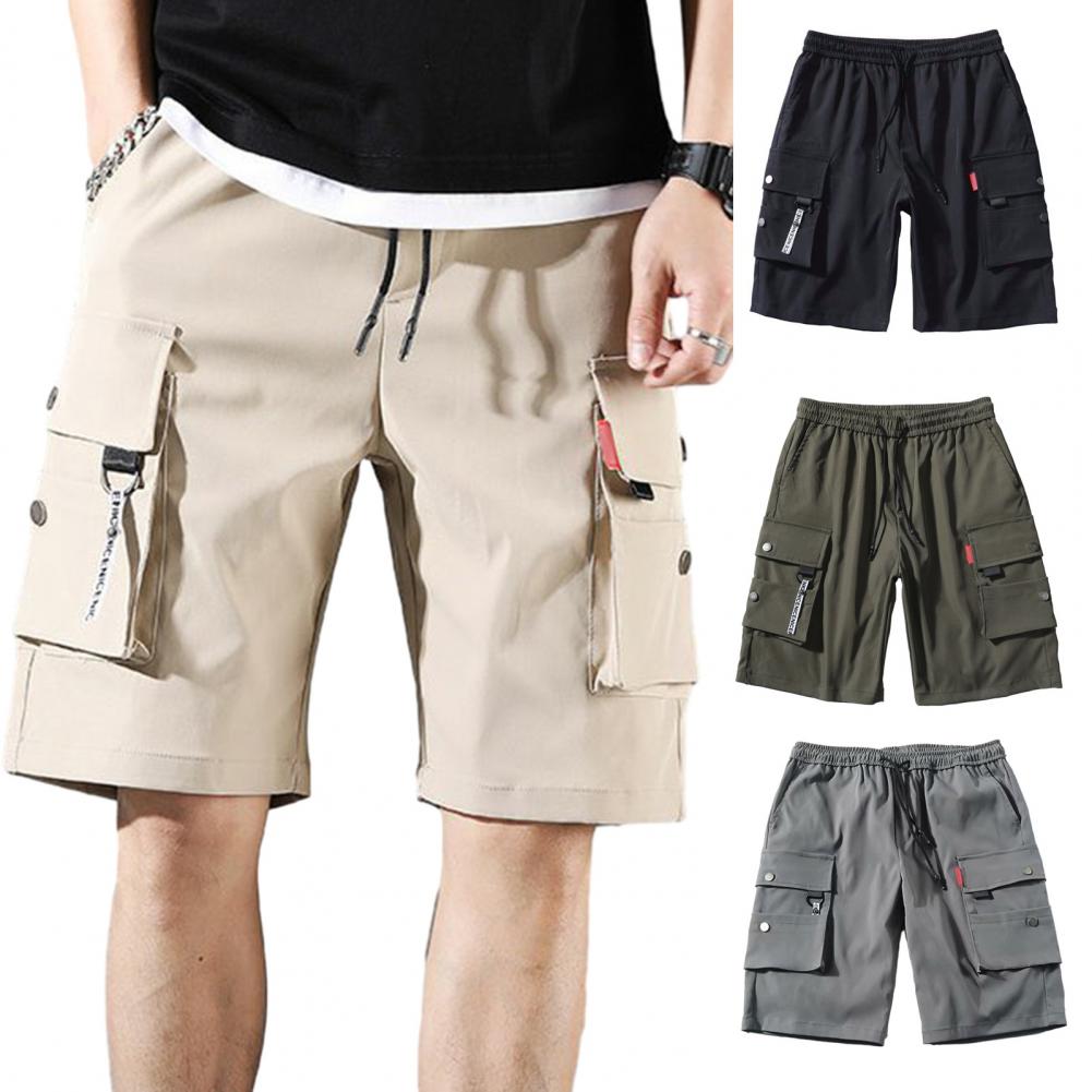 Summer Men Elastic Waistband Drawstring Everyday Shorts Multi Pockets One Tone Straight Wide Leg Mid-rise Sport Cargo Everyday Shorts Streetwea
