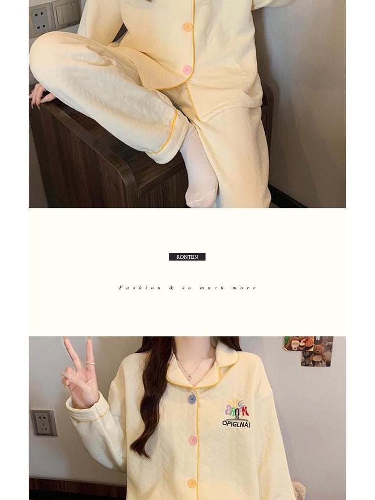 Women's Korean Style Thickened Cotton Pajama Set - Long Sleeve for Autumn/Winter, Simple Design, Home & Outdoor Wear.