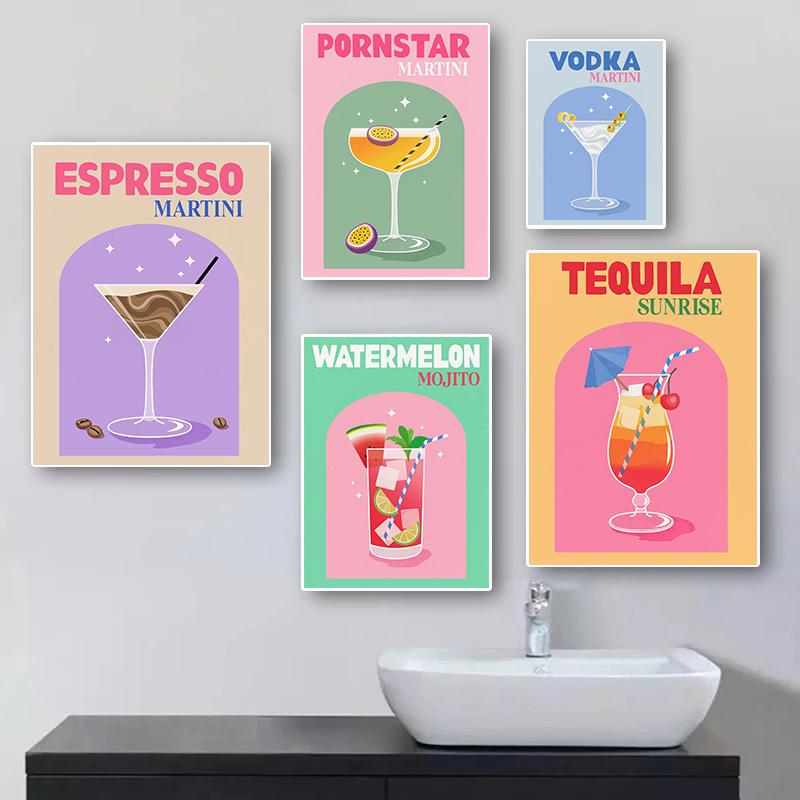 Simplicity Colorful Cocktail Posters Trendy Drinks Prints Whiskey Bar Cart Prints Canvas Painting Wall Pictures Home Bar Decor