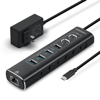 ROSONWAY USB Hub 10Gbps 7 In 1 LAN Conversion Adapter USB C USB A USB Aluminum USB HUB and 12V 2A Power Supply with Independent Switch 3.2x2 3.2x1