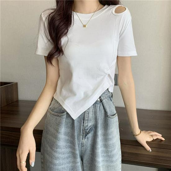 Summer 2025 Hot Pink High-Waist Slim Fit Hollow Short-Sleeve T-Shirt for Women