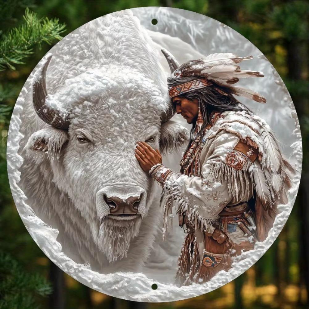 Round Aluminum Wall Art Sign, Vintage Buffalo & Native American Metal Plaque, Universal Holiday Theme