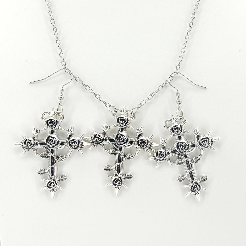 Niche Rose Cross Pendant & Clavicle Necklace with Earrings Set