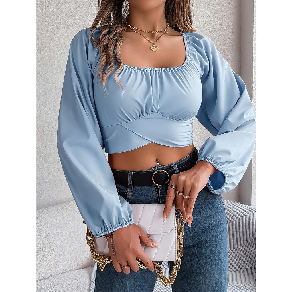 QICED Spring Summer Casual Lantern-sleeved, Lace-up, Waist-cinching Chiffon Blouse, Crop Top for Women