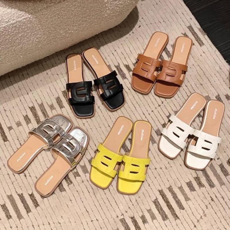 Hollowed-out Women's Shoes Square-toed Soft-soled Versatile Flat One-line Beach Slippers