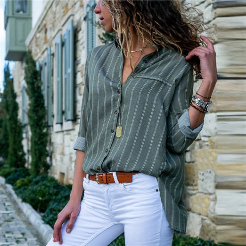 Women Autumn Striped Floral Long Sleeve Button V Neck T Shirt For Casual Chic